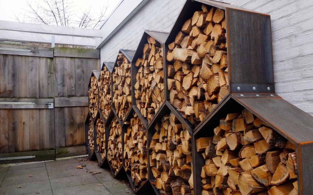 Nicely stored firewood in a hexagonal-shaped storage