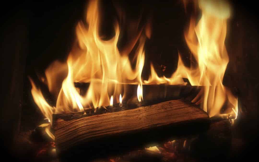 burning log in fireplace